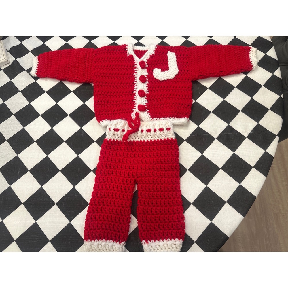 Handmade Crochet Red White Baby Set Letter J Cardigan and Pants Holiday Outfit